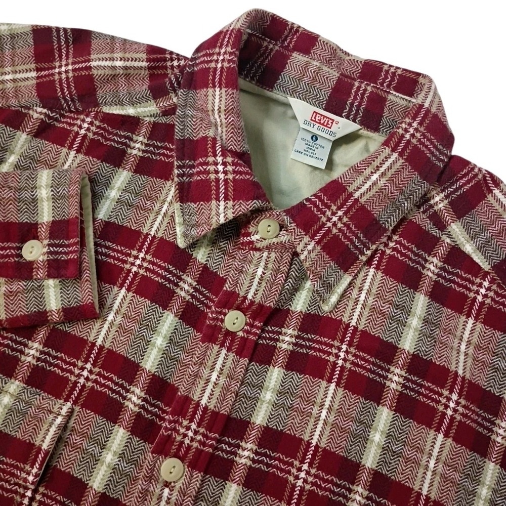 Vintage 99 Levi's Dry Goods Flannel Shirt Mens Large Plaid Red Tab Pockets Work
